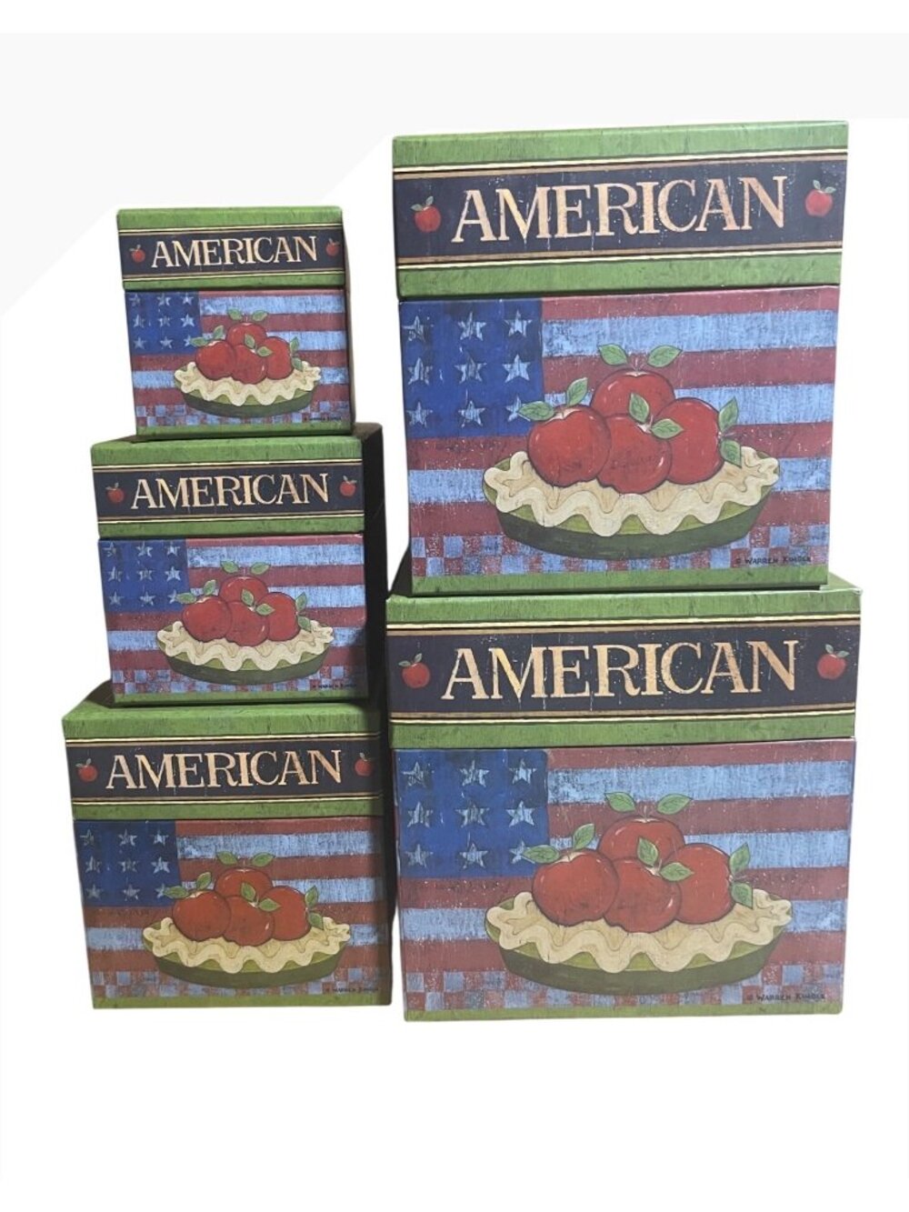 Warren Kimble American As Apple Pie Green Nested Boxes Set Of 5 By AMCAL VTG 90s